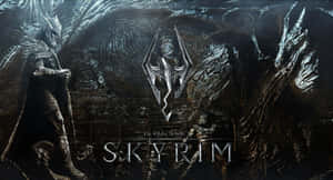 一名黑暗奇幻戰士站在一條龍前，Skyrim標誌閃耀發光。 — 天際 GIF 壁紙