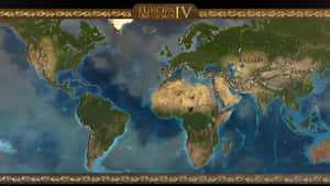 《Europa Universalis IV》世界地圖，帶有標註的國家和裝飾性金色邊框。