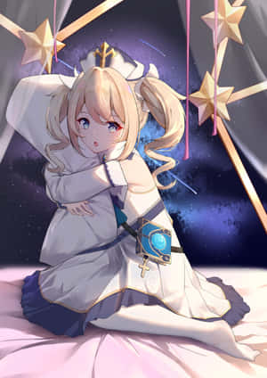 動漫女孩穿著白色連衣裙，在星星裝飾下，以宇宙天空為背景，跪在粉紅色的床上。