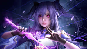 紫髮貓耳動漫少女揮舞發光魔法劍。