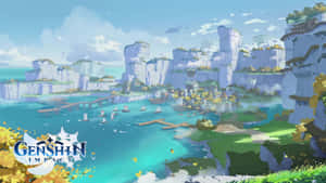 動漫遊戲場景，描繪一個擁有懸崖和船隻、色彩鮮豔的沿海小鎮。