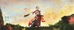 動漫少女穿著紅色秋裝，站在金色天空下飄落的樹葉中