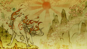 神話中的狐狸，擁有火紅的鬃毛，站在櫻花林中，旭日東升。