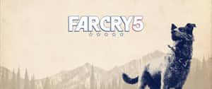 山間森林中的狗與 Far Cry 5 遊戲標題。
