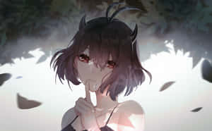 有角、紅眼的動漫女孩在落葉中將手指放在唇邊。