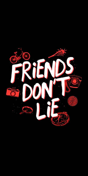 紅色復古圖標圍繞著黑色背景上粗體白色文字「Friends Don't Lie」。