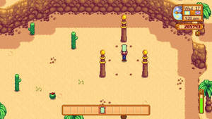 Stardew Valley 遊戲場景，顯示沙漠中有仙人掌和玩家角色在石柱附近。