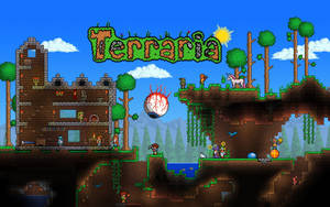 Terraria 像素遊戲場景，有城堡、樹木、浮島和巨大眼球天空。
