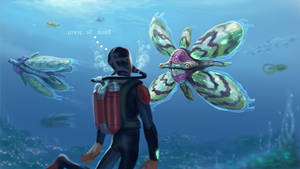 潛水員欣賞深藍色海洋中發光的外星海洋生物。