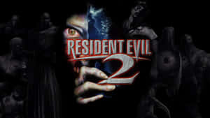 Resident Evil 2 遊戲標誌，帶有殭屍人物和發光的眼睛。 — 生化危機 壁紙