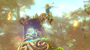 英雄在日落時分跳過發光森林中的古老石頭。