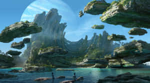 在奇幻的外星世界中，兩個人站在水中，下方是漂浮的島嶼，上方是一輪巨大的月亮。 — 頭像動圖 壁紙