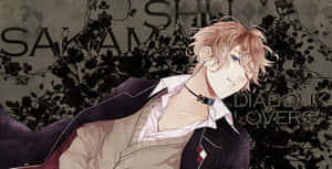 來自《Diabolik Lovers》的動漫角色逆巻シン，金髮戴頸鏈，背景為花卉。