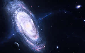 一個螺旋星系，有藍色和粉紅色的雲團以及深空中的遙遠行星。