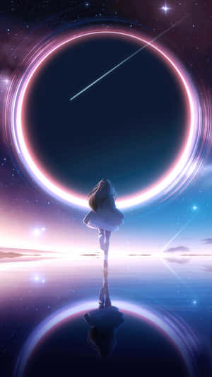 穿白色連衣裙的女孩站在反光表面上，在星光暮色中面對發光的宇宙環。
