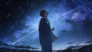 動畫男孩站在星空下觀看流星。