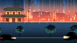傳統中式亭閣於河邊，夜晚有閃爍的城市燈光和來往的車輛。