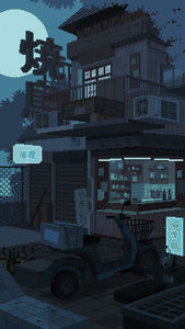 像素化日本夜晚街道，滿月下有一輛滑板車和發光的商店櫥窗。