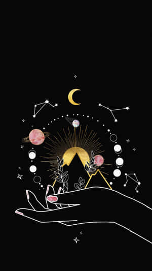 手托著一座發光的山，周圍漂浮著行星、星星和星座。 — 太空 壁紙