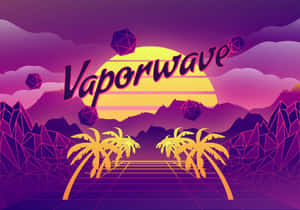 紫色天空下的蒸氣波日落，配以霓虹棕櫚樹和幾何山脈。
