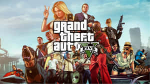 Grand Theft Auto V 遊戲封面，角色在城市景觀中手持武器和車輛。
