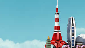 LEGO東京鐵塔與現代建築和粉紅色花朵在藍天下。