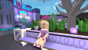 Roblox虛擬角色在夜晚坐在閃爍的數碼花園長椅上。