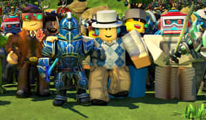 一群穿著各種服裝的 Roblox 頭像站在草地上。