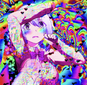 故障彩虹數位藝術中的動漫女孩，帶有漂浮心形
