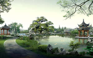 寧靜的傳統中式花園，石徑和亭台在平靜的池塘旁。 — 中國 壁紙