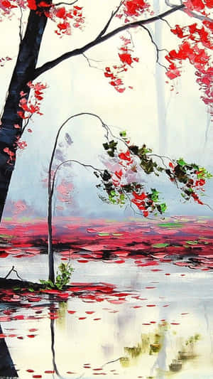 紅花樹倒映在池塘中，花瓣漂浮。 — 唐人街 GIF 壁紙