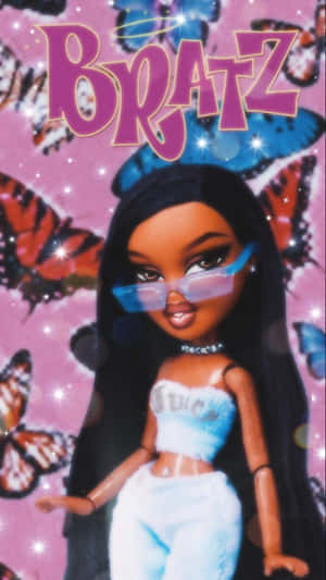 Bratz 公仔戴著藍色眼鏡和毛絨絨的服裝，被蝴蝶環繞。
