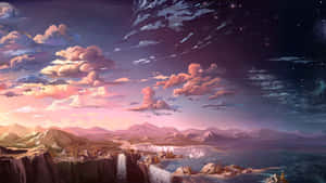 幻想景觀，有山脈、發光的瀑布和帶有粉紅色雲朵的星空。