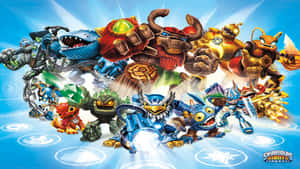 Skylanders Giants角色在藍色背景上擺出色彩繽紛的動作姿勢。