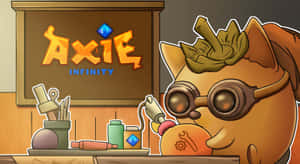 戴護目鏡的Axie角色在工作檯旁手持工具，帶有Axie Infinity標誌。 — 反斗奇兵 三眼仔 壁紙