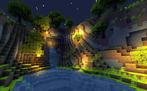夜晚發光的Minecraft洞穴入口，帶有方塊狀樹木和水。