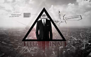 一個身穿西裝的人物，三角形內有全視之眼，位於城市景觀上方，標有「ILLUMINATI」。