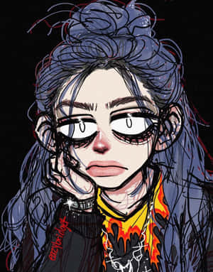 擁有凌亂藍色頭髮和火熱襯衫的動漫女孩強烈凝視。