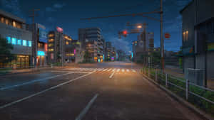 空無一人的城市街道夜晚，霓虹燈閃爍，潮濕路面反射燈光。