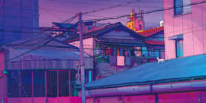 動漫風格的城市屋頂場景，黃昏時分在霓虹粉紅和藍色燈光下有一隻貓。