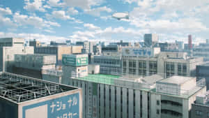 一艘飛船懸浮在日本城市上空，現代建築林立，天空晴朗。