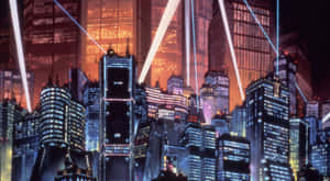 未來主義的夜景城市天際線，閃爍的摩天大樓和雷射光束。