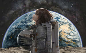 動漫太空人手持頭盔，從月球表面望向地球。 — 動漫房間 壁紙