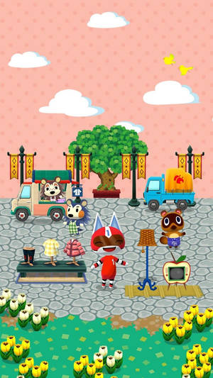 Animal Crossing角色在村莊中，有卡車和鬱金香，在粉紅色的天空下。