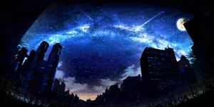 城市天際線在星空下，有滿月和流星。