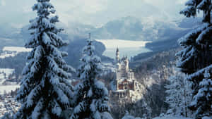 冬季山丘上的雪城堡，松樹和冰凍湖泊。