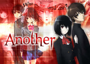 穿著校服的動漫學生，紅色故障背景，文字 Another Who is the dead one?