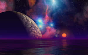 宇宙海洋場景，有巨大的月亮、色彩繽紛的星雲和一顆熾熱的太陽。