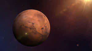 明亮的太陽照亮了紅色行星火星，在滿天星斗的太空場景中。