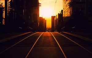 城市上空的夕陽，電車軌道通向地平線
